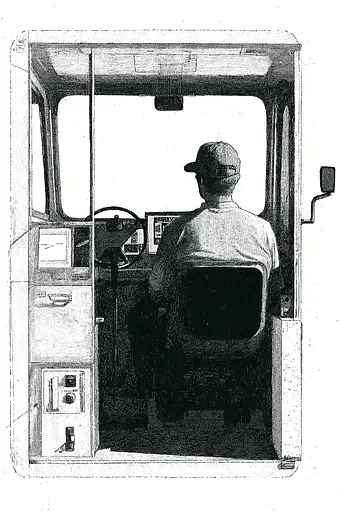 Midjourney generated image using SREF code Cosmic Contours: A black and white drawing of a man driving a truck.