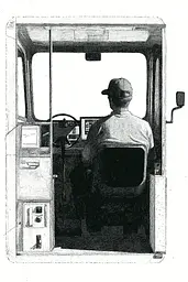 Midjourney generated image using SREF code Cosmic Contours: A black and white drawing of a man driving a truck.