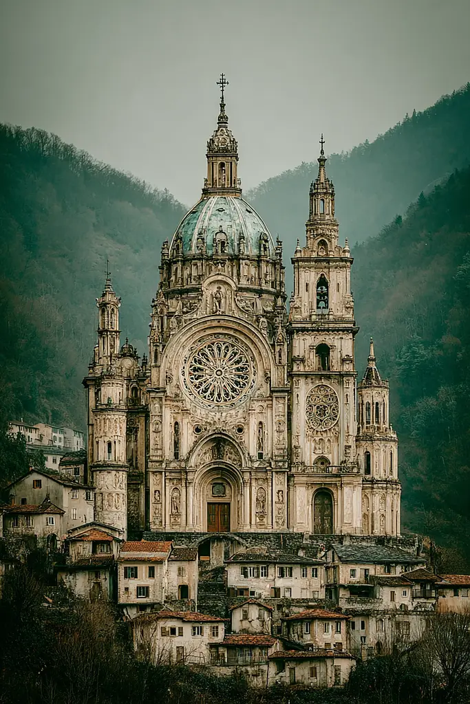 Midjourney generated image using SREF code Mudlore: A large white church with a green dome on top of it.