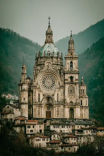 Midjourney generated image using SREF code Mudlore: A large white church with a green dome on top of it.