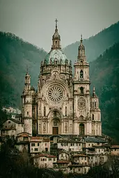 Midjourney generated image using SREF code Mudlore: A large white church with a green dome on top of it.