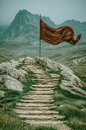 Midjourney generated image using SREF code Mudlore: A red flag on top of a mountain with a stone path leading up to it.
