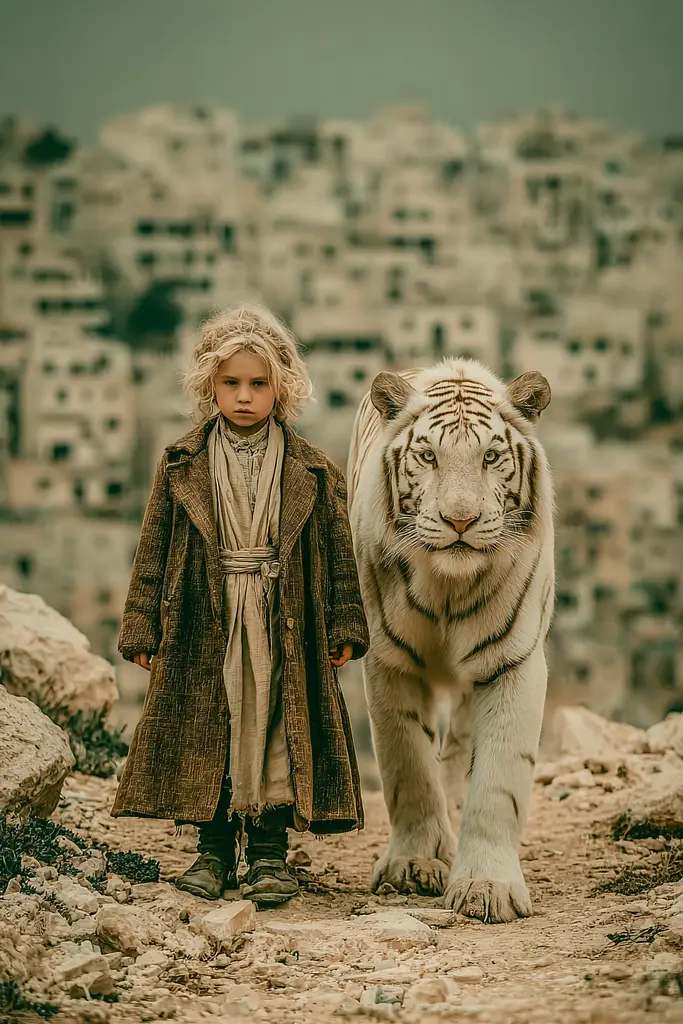 Midjourney generated image using SREF code Mudlore: A little girl standing next to a white tiger on a dirt road.