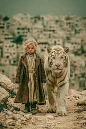 Midjourney generated image using SREF code Mudlore: A little girl standing next to a white tiger on a dirt road.