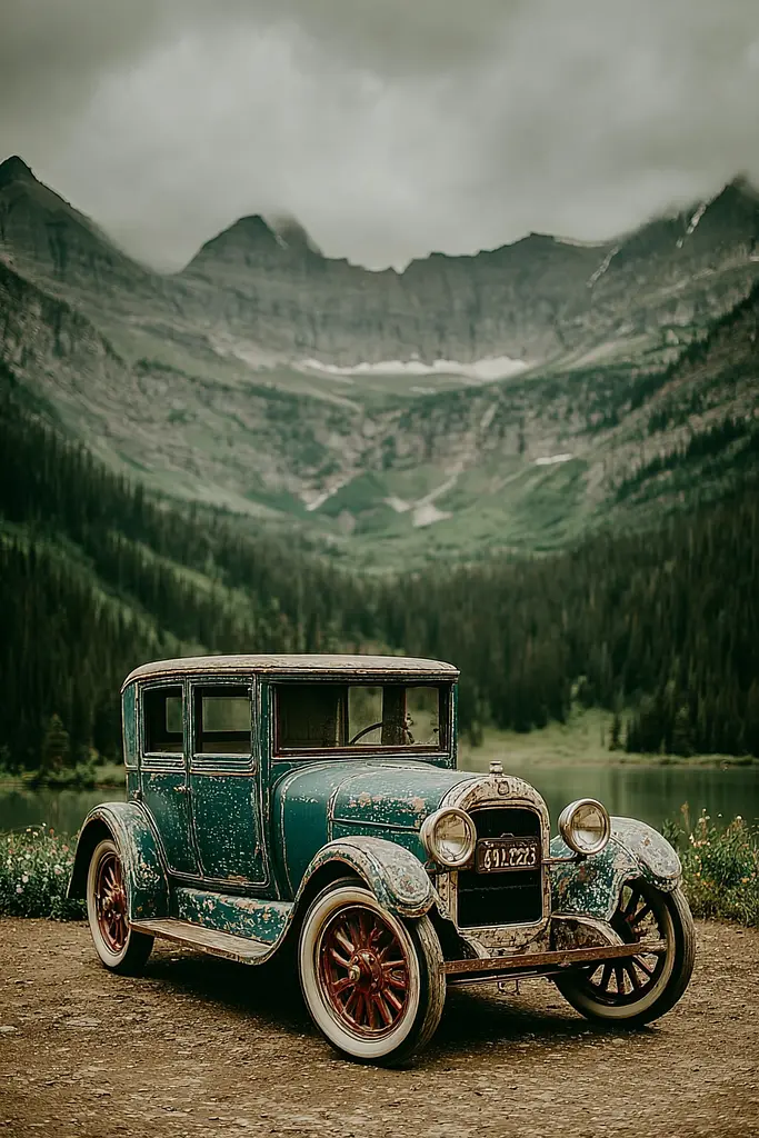 Midjourney generated image using SREF code Mudlore: A vintage car parked in front of a mountain range.
