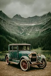 Midjourney generated image using SREF code Mudlore: A vintage car parked in front of a mountain range.