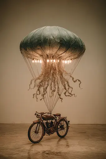Midjourney generated image using SREF code Mudlore: A motorcycle with a large jellyfish attached to it.