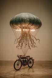 Midjourney generated image using SREF code Mudlore: A motorcycle with a large jellyfish attached to it.