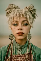 Midjourney generated image using SREF code Mudlore: A woman with dreadlocks and green eyes wearing a green dress.