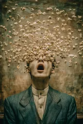 Midjourney generated image using SREF code Mudlore: A man in a suit with popcorn on his head.