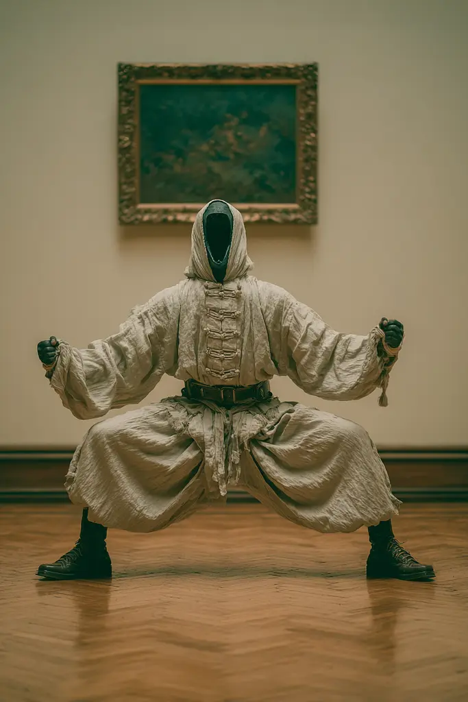 Midjourney generated image using SREF code Mudlore: A man in a white suit with a hooded mask on in a room.