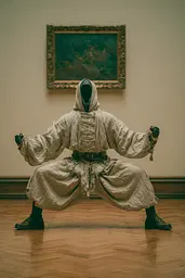 Midjourney generated image using SREF code Mudlore: A man in a white suit with a hooded mask on in a room.