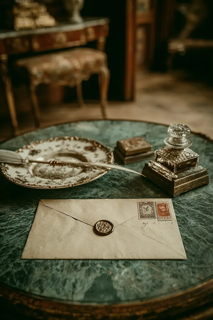 Midjourney generated image using SREF code Mudlore: A table topped with an envelope and a wax seal.