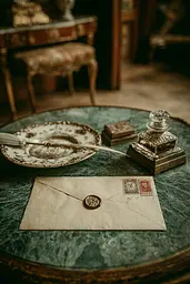 Midjourney generated image using SREF code Mudlore: A table topped with an envelope and a wax seal.