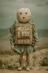 Midjourney generated image using SREF code Mudlore: A little girl in a green dress with a robot head on her head.