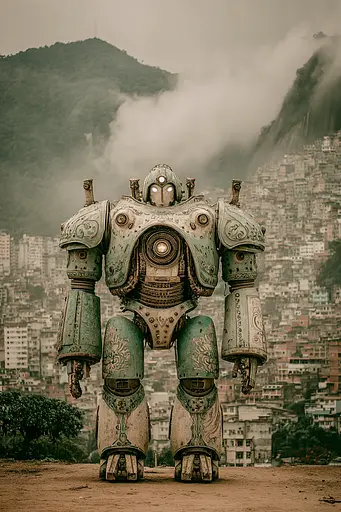 Midjourney generated image using SREF code Mudlore: A large robot standing on top of a dirt field.