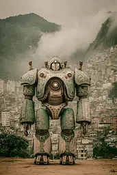 Midjourney generated image using SREF code Mudlore: A large robot standing on top of a dirt field.