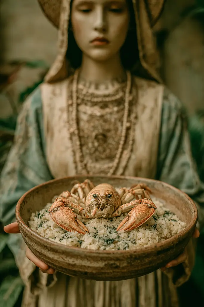 Midjourney generated image using SREF code Mudlore: A woman holding a bowl of rice with a crab in it.