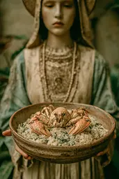Midjourney generated image using SREF code Mudlore: A woman holding a bowl of rice with a crab in it.