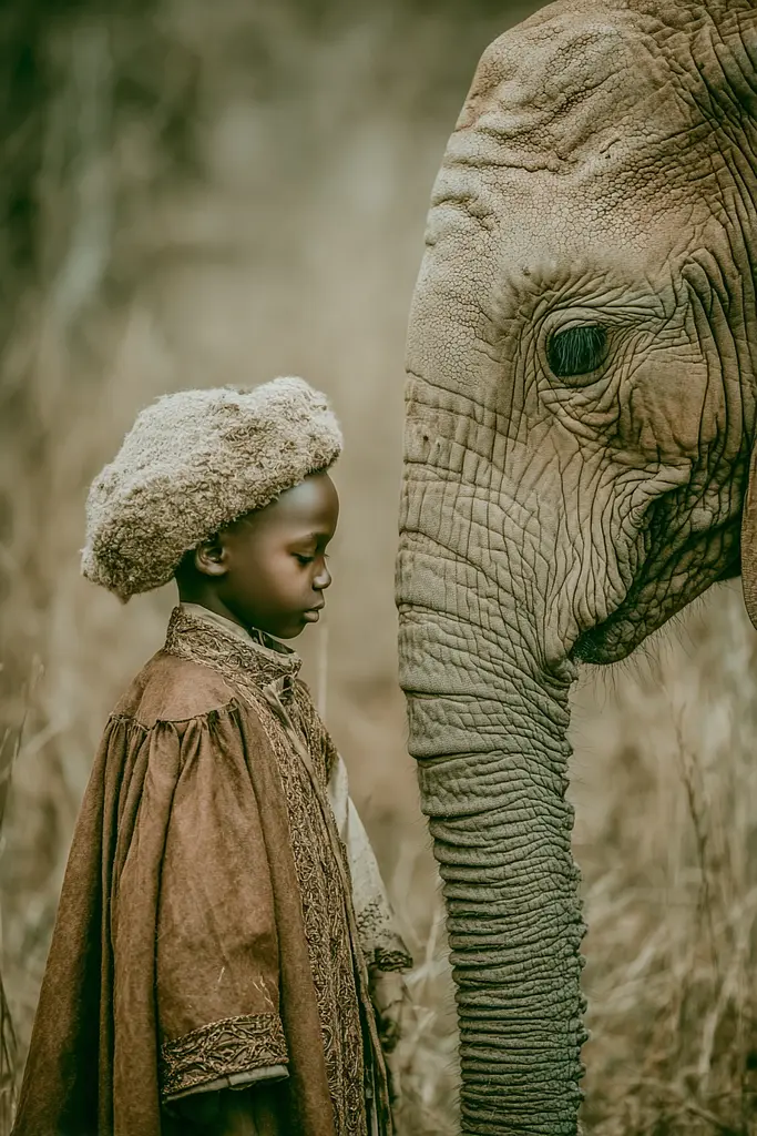 Midjourney generated image using SREF code Mudlore: A little girl standing next to an elephant in a field.