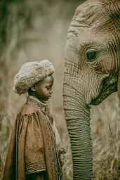 Midjourney generated image using SREF code Mudlore: A little girl standing next to an elephant in a field.