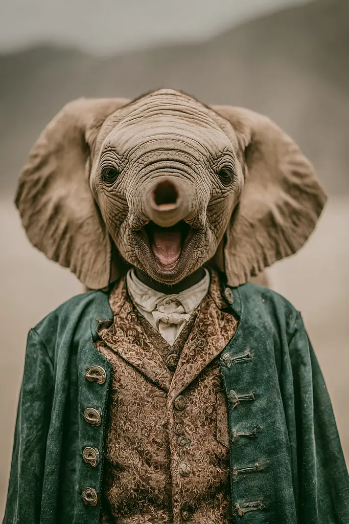 Midjourney generated image using SREF code Mudlore: A man dressed as an elephant with his mouth open.