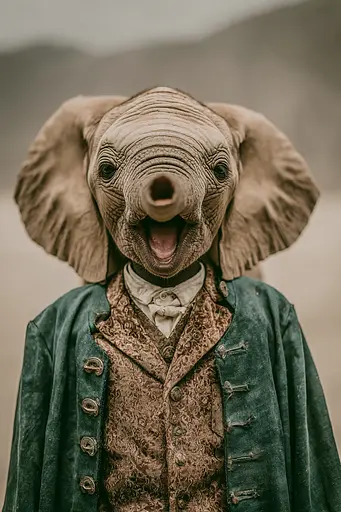 Midjourney generated image using SREF code Mudlore: A man dressed as an elephant with his mouth open.