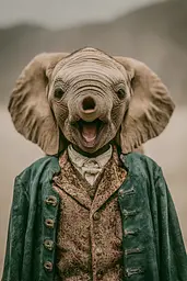 Midjourney generated image using SREF code Mudlore: A man dressed as an elephant with his mouth open.