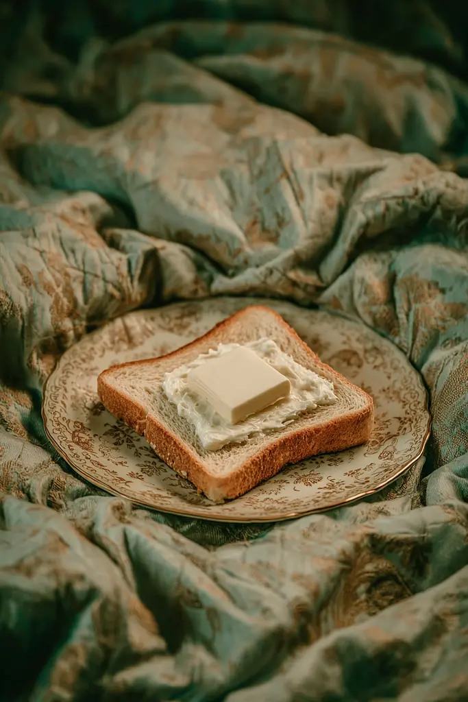 Midjourney generated image using SREF code Mudlore: A piece of bread with butter on a plate.