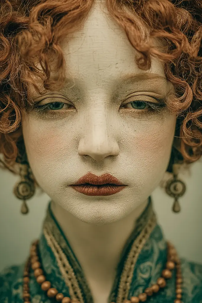 Midjourney generated image using SREF code Mudlore: A close up of a woman with red hair and green eyes.