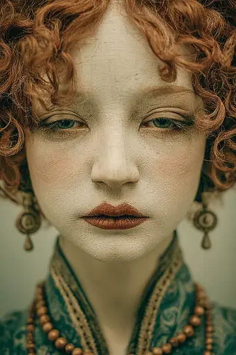 Midjourney generated image using SREF code Mudlore: A close up of a woman with red hair and green eyes.