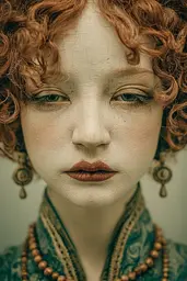 Midjourney generated image using SREF code Mudlore: A close up of a woman with red hair and green eyes.