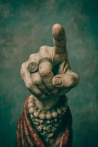 Midjourney generated image using SREF code Mudlore: A statue of a woman's hand with a ring on it.