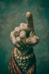 Midjourney generated image using SREF code Mudlore: A statue of a woman's hand with a ring on it.