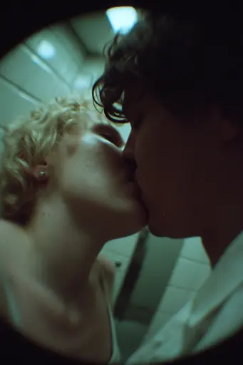 Midjourney generated image using SREF code Glitchmorose: A man and a woman kissing in a bathroom.