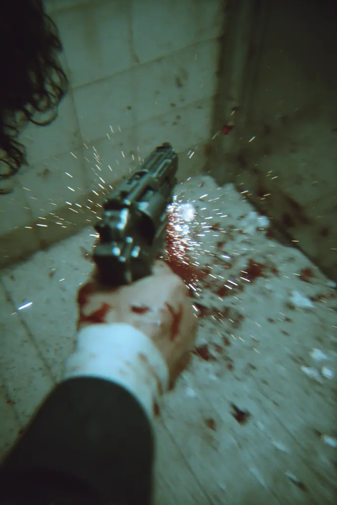 Midjourney generated image using SREF code Glitchmorose: A person holding a gun with blood on the floor.