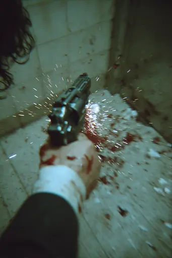 Midjourney generated image using SREF code Glitchmorose: A person holding a gun with blood on the floor.