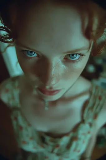 Midjourney generated image using SREF code Glitchmorose: A woman with red hair and blue eyes looking at the camera.