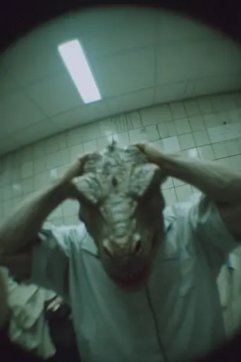 Midjourney generated image using SREF code Glitchmorose: A man in a white shirt with a dinosaur mask on his head.