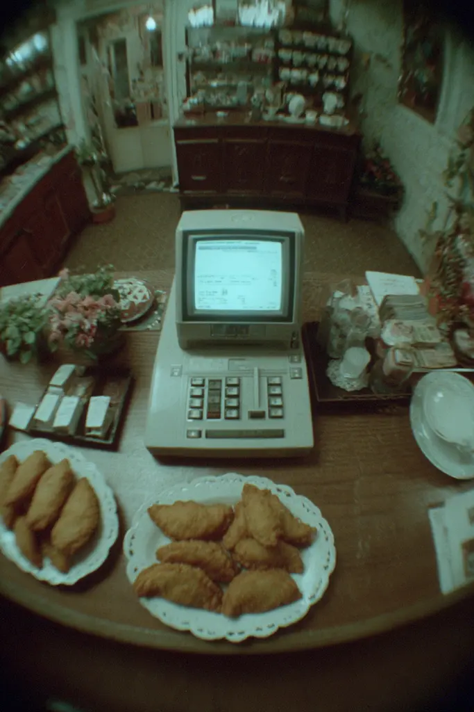 Midjourney generated image using SREF code Glitchmorose: A table topped with plates of food next to a cash register.