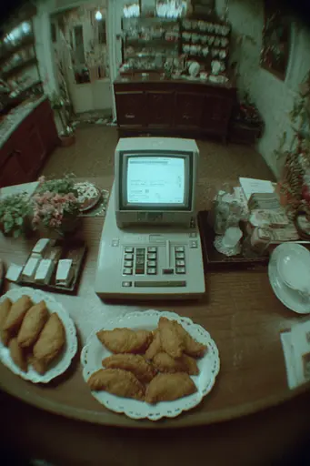 Midjourney generated image using SREF code Glitchmorose: A table topped with plates of food next to a cash register.