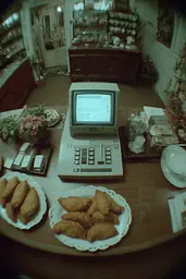 Midjourney generated image using SREF code Glitchmorose: A table topped with plates of food next to a cash register.
