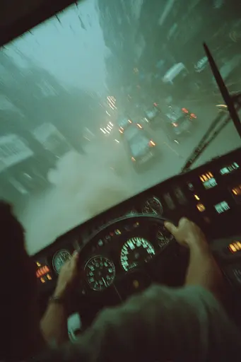Midjourney generated image using SREF code Glitchmorose: A man driving a bus in the rain on a city street.