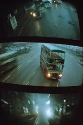 Midjourney generated image using SREF code Glitchmorose: A double decker bus driving down a city street at night.