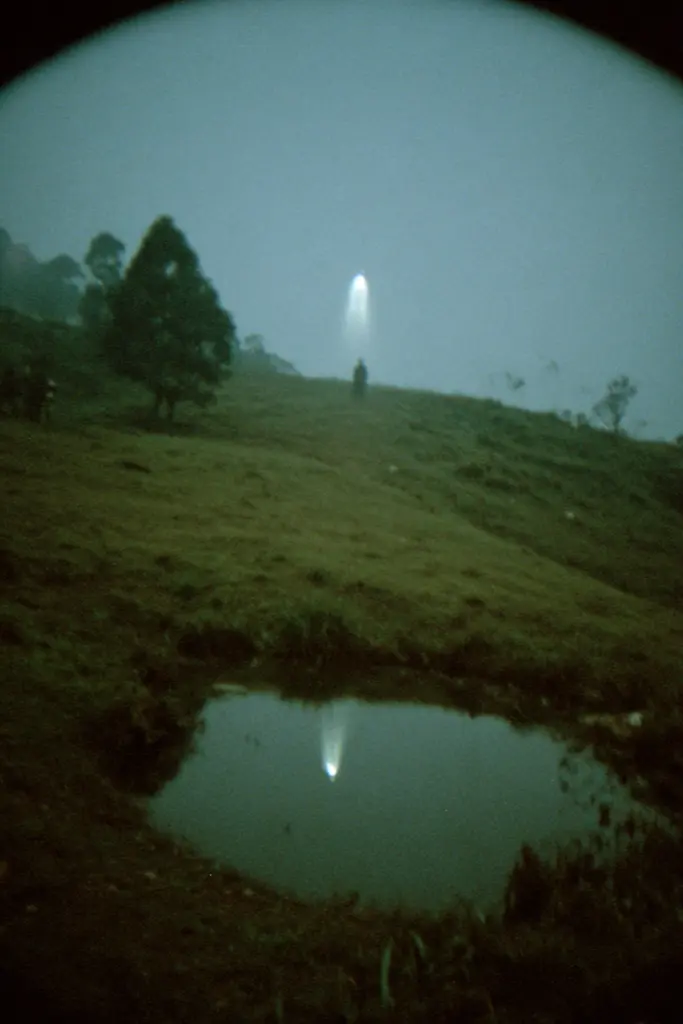 Midjourney generated image using SREF code Glitchmorose: A person standing on top of a hill next to a pond.