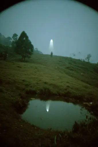 Midjourney generated image using SREF code Glitchmorose: A person standing on top of a hill next to a pond.