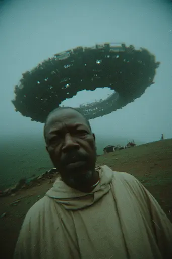 Midjourney generated image using SREF code Glitchmorose: A man standing in a field with a circular object on his head.