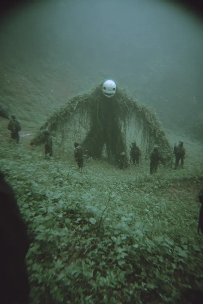 Midjourney generated image using SREF code Glitchmorose: A group of people standing in front of a giant monster.