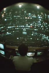 Midjourney generated image using SREF code Glitchmorose: A man sitting at a desk in front of multiple monitors.