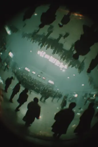 Midjourney generated image using SREF code Glitchmorose: A group of people standing in a large room.